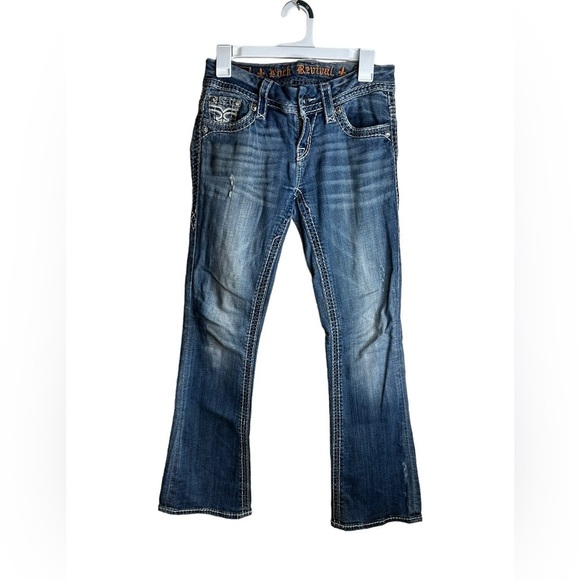 Rock Revival Jen Boot Cut Low Rise Blue Jeans Flap Pockets Women’s - Picture 1 of 10